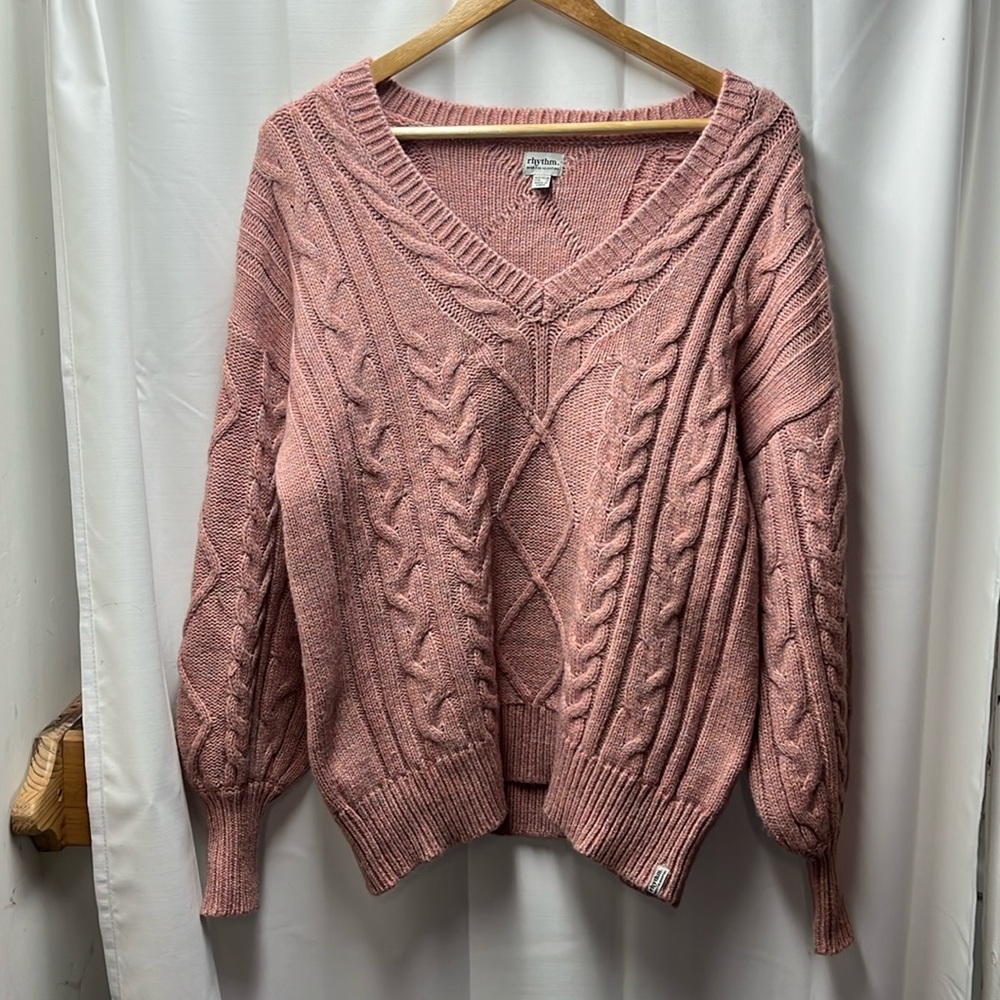 Rhythm Peach Rainbow Pastel Chunky Knit V Neck‎ Sweater- M